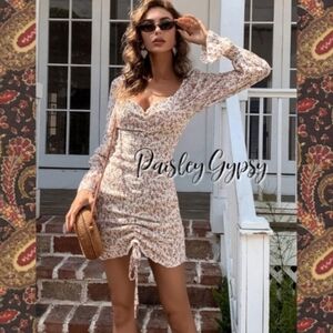 Flirty Mini With Flounced Long Sleeve Sweetheart Neckline Ruched S…